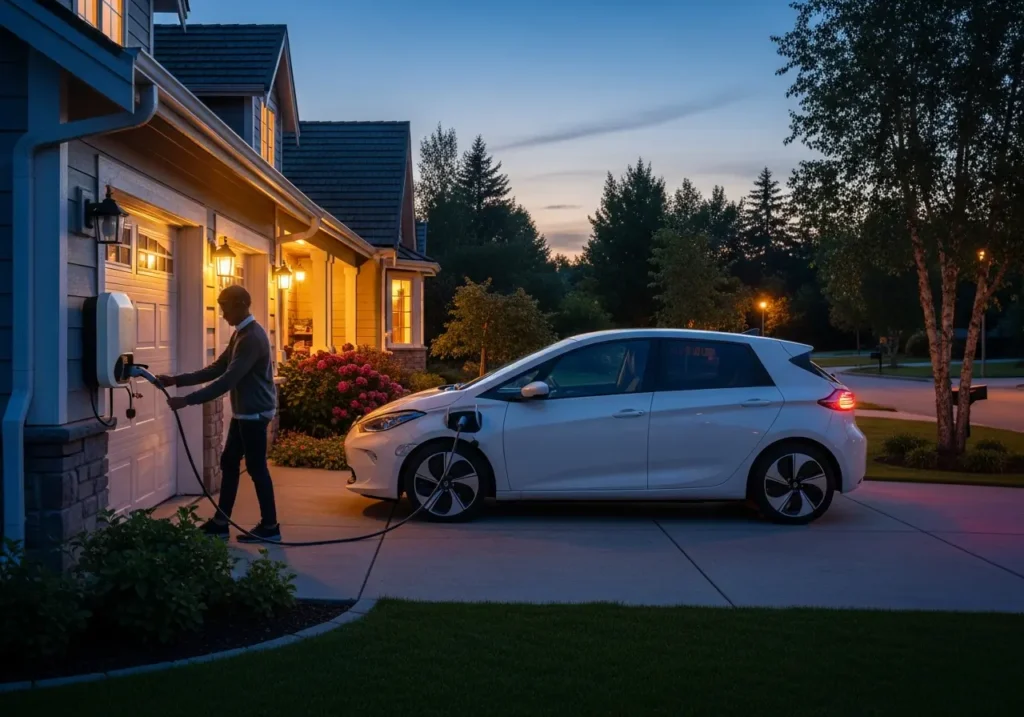 Electric car charging at a home driveway wallbox charger during dusk with homeowner.